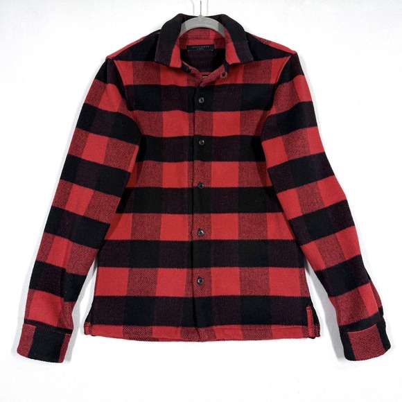 All Saints Shirt Mens XS Drytown Loop Collar Wool Blend Flannel Plaid Shacket - Picture 1 of 13